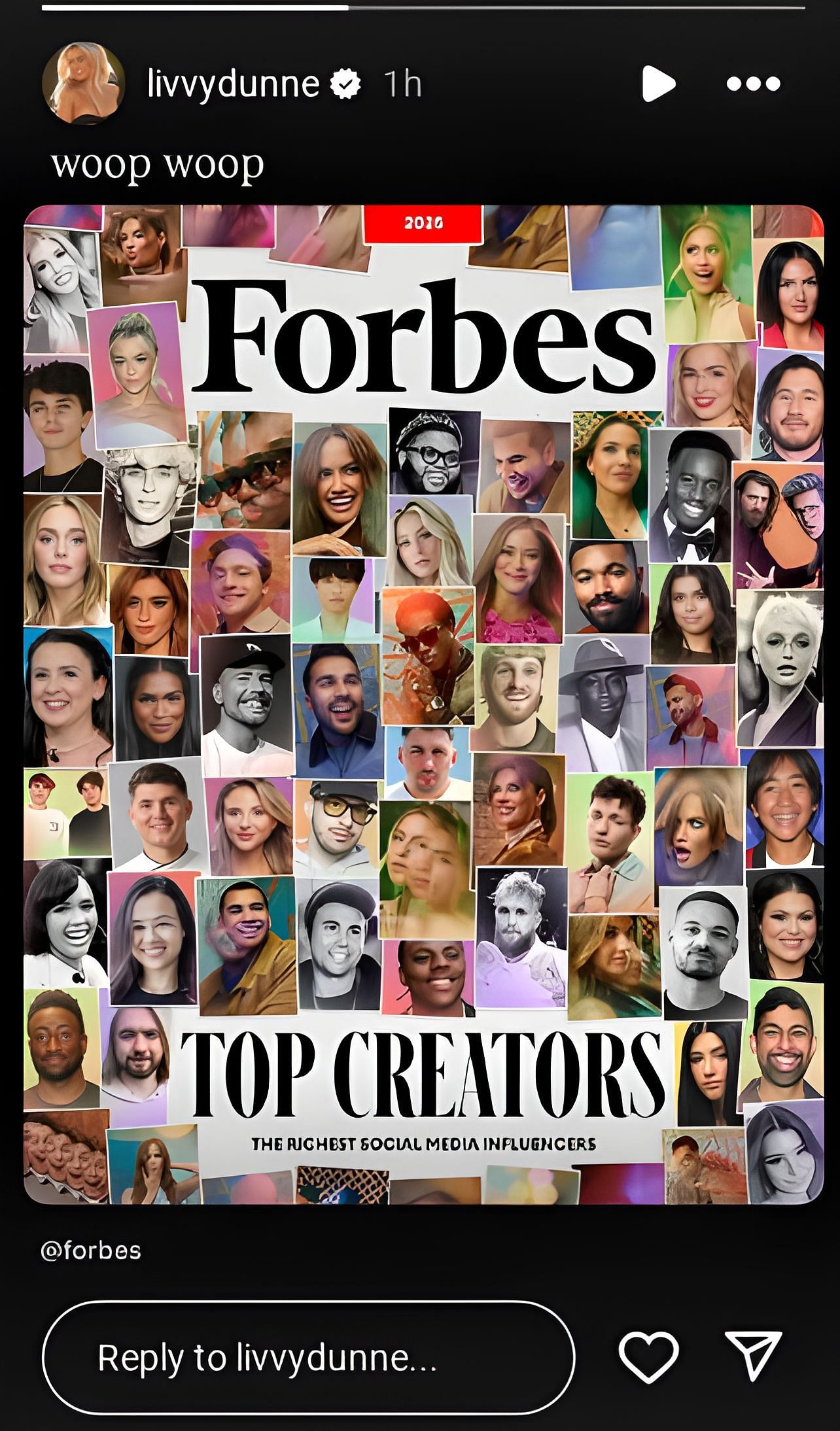 @livvydunne IG story Forbes List